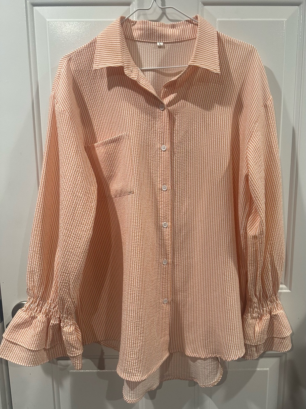 Woven Peach Button-Down Shirt with Smocked Ruffle Cuffs